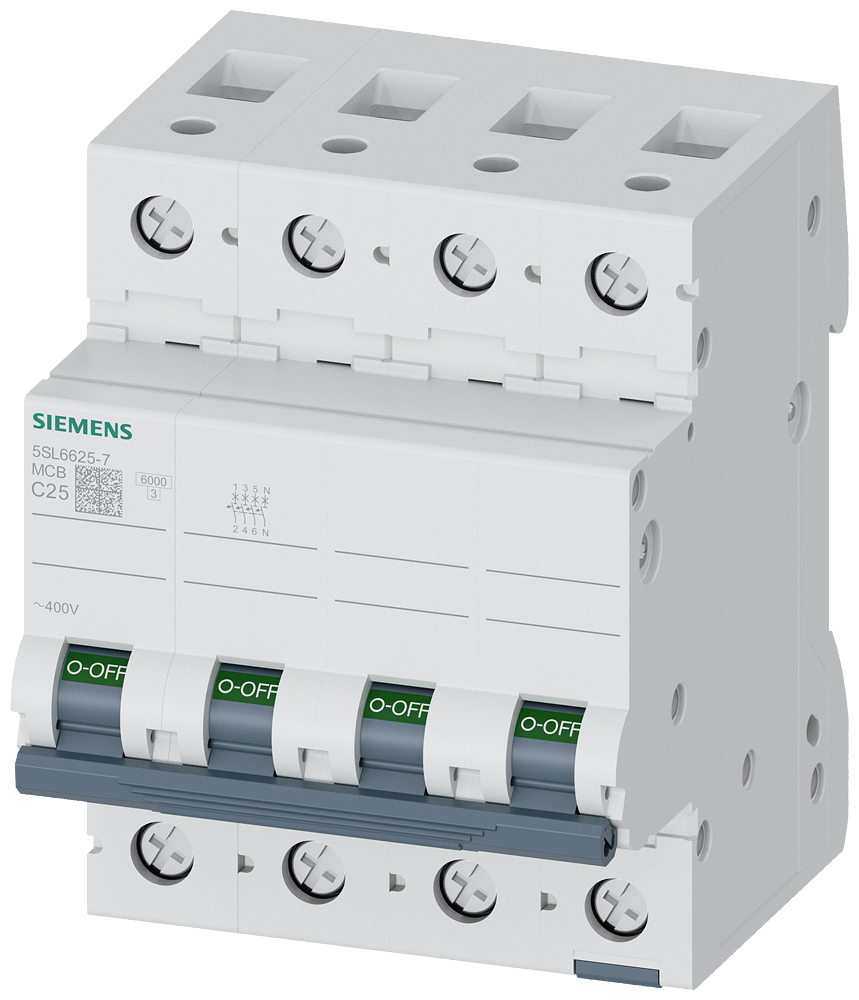 5SL6625-7 Miniature circuit breaker 400 V 6kA, 3+N-pole, C, 25A