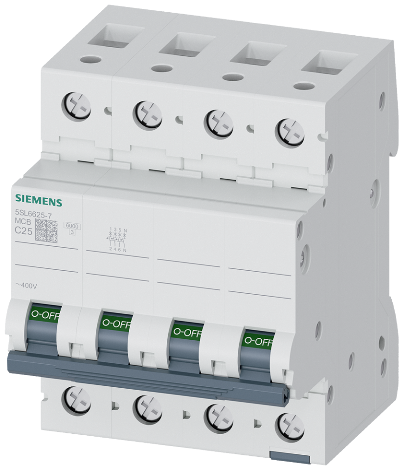 5SL6625-7 Miniature circuit breaker 400 V 6kA, 3+N-pole, C, 25A