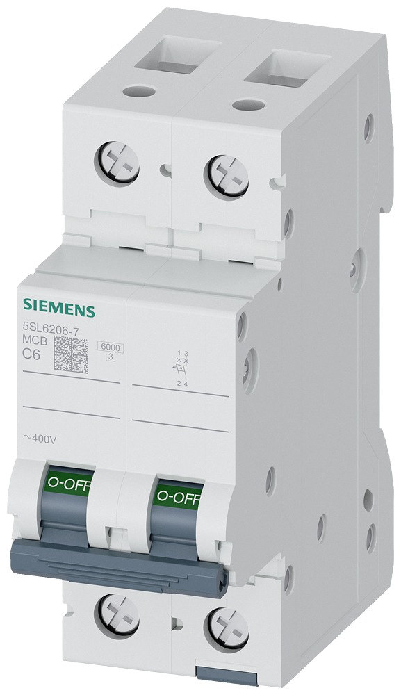 5SL6206-7 Miniature circuit breaker 400 V 6kA, 2-pole, C, 6A
