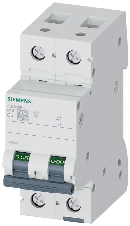 5SL6206-7 Miniature circuit breaker 400 V 6kA, 2-pole, C, 6A