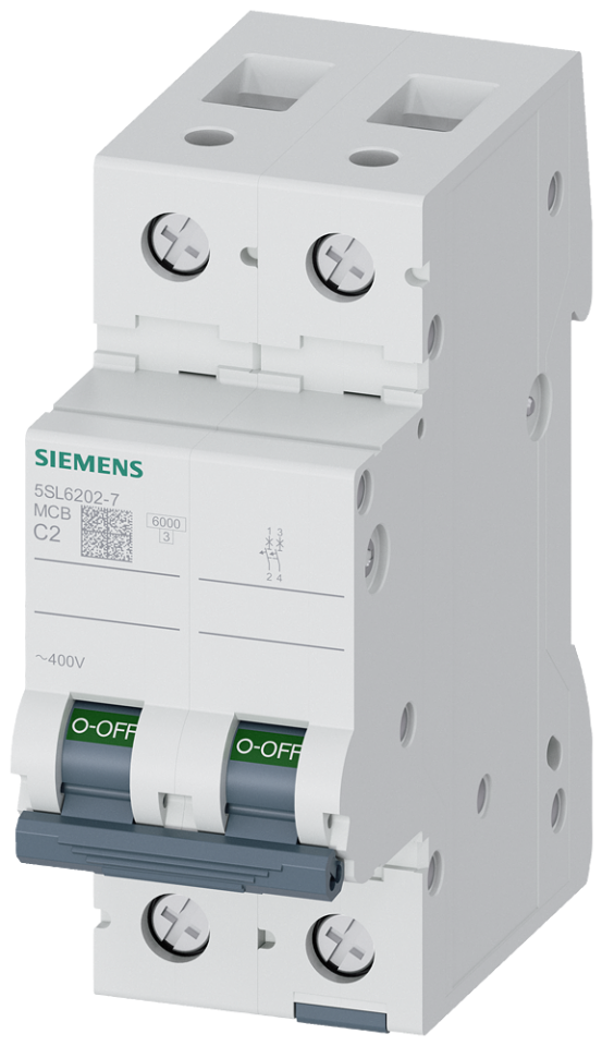 5SL6202-7 Miniature circuit breaker 400 V 6kA, 2-pole, C, 2A