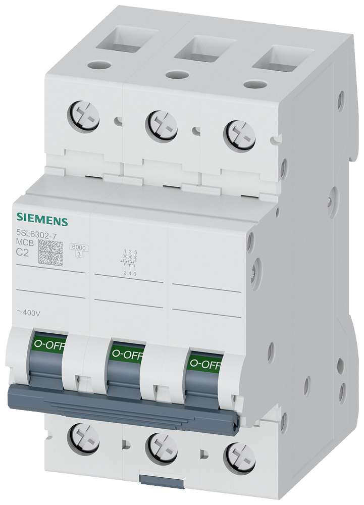 5SL6302-7 Miniature circuit breaker 400 V 6kA, 3-pole, C, 2A