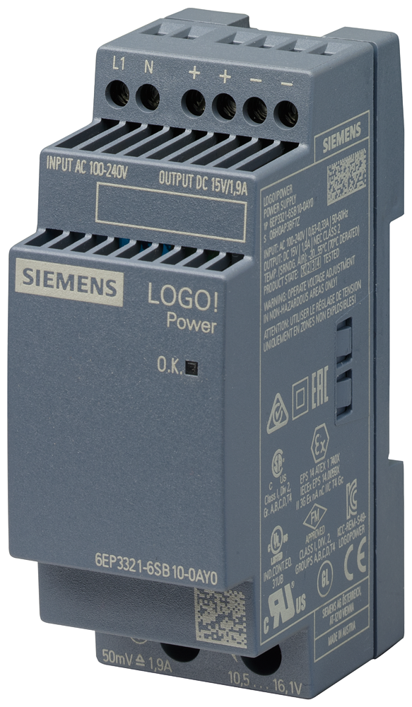 6EP3321-6SB10-0AY0 LOGO!POWER 15 V / 1.9 A stabilized power supply input:
